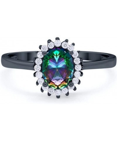 Halo Floral Oval Engagement Bridal Ring Round Cubic Zirconia 925 Sterling Silver Black Tone, Simulated Rainbow CZ $13.24 Rings