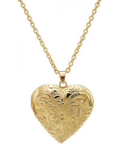 14k Gold Silver Women Girls Romantic Heart Locket Necklace Engraved Flower Oval Hold Photo Picture Pendant Living Memory Jewe...