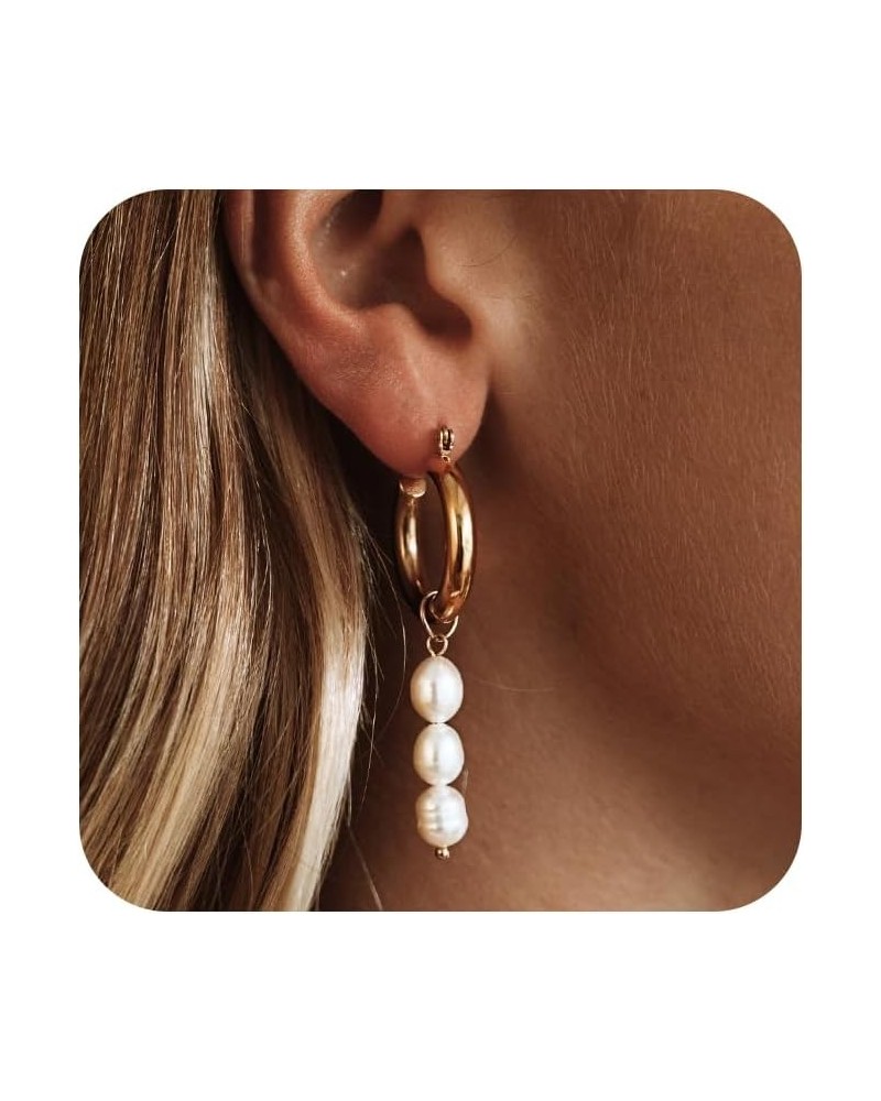 Pearl Hoop Earrings for Women, Trendy 14k Gold Plated Hoop Earrings Chunky Pearl Drop Earrings for Women Hypoallergenic Gold ...