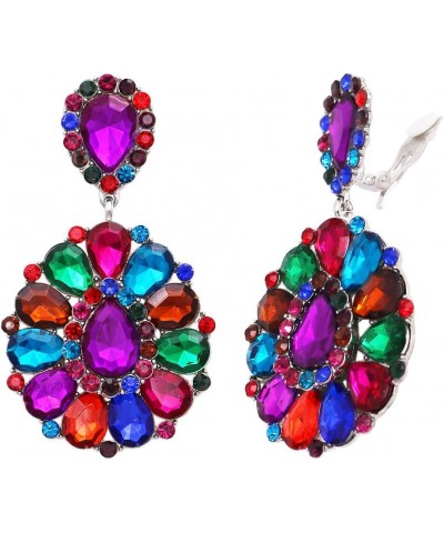 Women's Dramatic Mardi Gras Teardrop Crystals Long Shoulder Duster Clip On Style Earrings, 3.5 Kaleidoscope Multicolor Crysta...