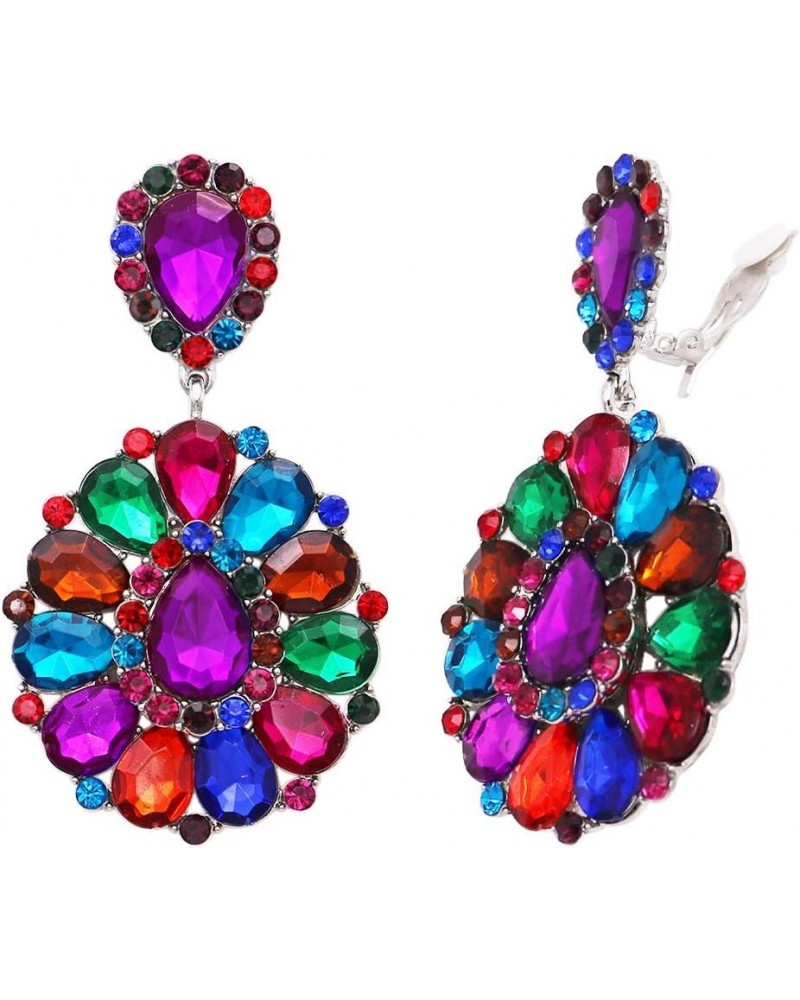 Women's Dramatic Mardi Gras Teardrop Crystals Long Shoulder Duster Clip On Style Earrings, 3.5 Kaleidoscope Multicolor Crysta...