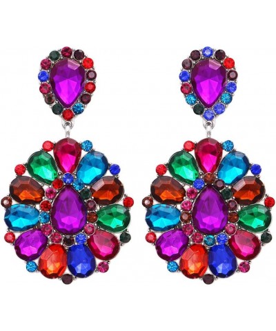 Women's Dramatic Mardi Gras Teardrop Crystals Long Shoulder Duster Clip On Style Earrings, 3.5 Kaleidoscope Multicolor Crysta...