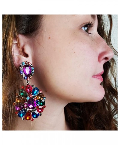 Women's Dramatic Mardi Gras Teardrop Crystals Long Shoulder Duster Clip On Style Earrings, 3.5 Kaleidoscope Multicolor Crysta...