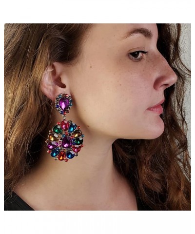 Women's Dramatic Mardi Gras Teardrop Crystals Long Shoulder Duster Clip On Style Earrings, 3.5 Kaleidoscope Multicolor Crysta...