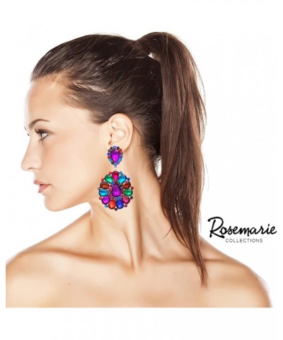 Women's Dramatic Mardi Gras Teardrop Crystals Long Shoulder Duster Clip On Style Earrings, 3.5 Kaleidoscope Multicolor Crysta...