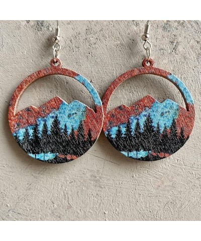 Vintage Nature Wooden Mountain Snow Dangle Drop Earrings Bohemian Colorful Hollow Teardrop Geometric Hook Earring with Tree P...