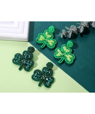 4 Pairs St Patricks Day Beaded Earrings for Women Green Lucky Clover Beaded Earrings Shamrock Dangle Earrings Irish Holiday J...