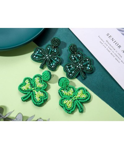 4 Pairs St Patricks Day Beaded Earrings for Women Green Lucky Clover Beaded Earrings Shamrock Dangle Earrings Irish Holiday J...