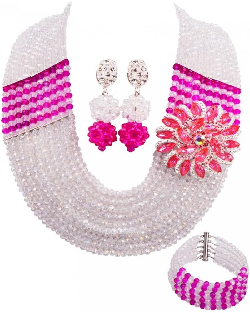 10 Rows African Beads Jewelry Set for Women Nigerian Wedding Bridal Jewelry Sets Transparent and Hot Pink $24.29 Jewelry Sets