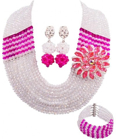 10 Rows African Beads Jewelry Set for Women Nigerian Wedding Bridal Jewelry Sets Transparent and Hot Pink $24.29 Jewelry Sets