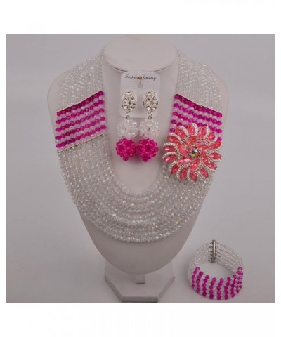 10 Rows African Beads Jewelry Set for Women Nigerian Wedding Bridal Jewelry Sets Transparent and Hot Pink $24.29 Jewelry Sets