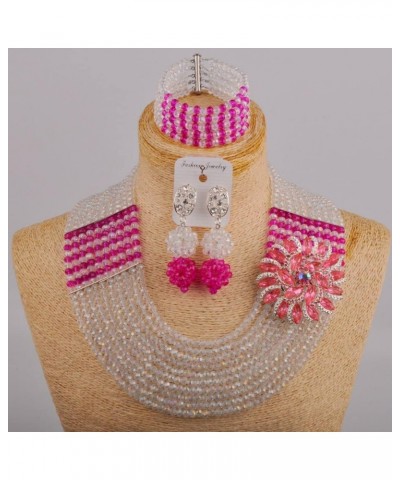 10 Rows African Beads Jewelry Set for Women Nigerian Wedding Bridal Jewelry Sets Transparent and Hot Pink $24.29 Jewelry Sets