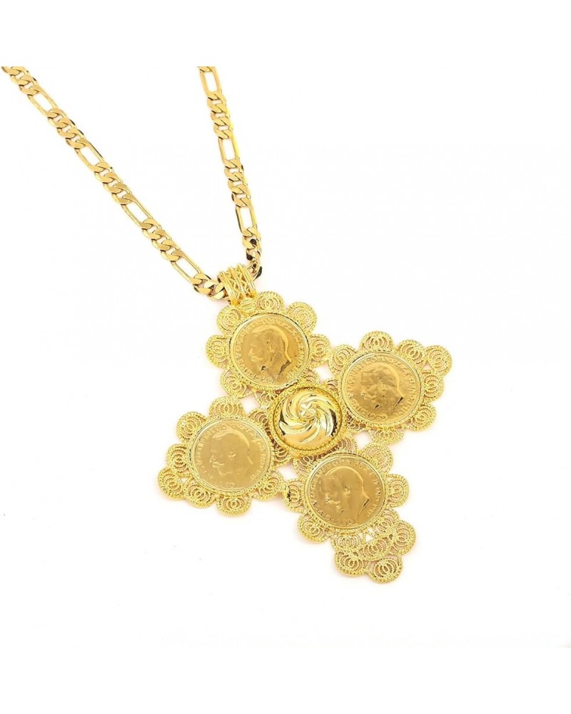 Ethiopian Big Coin Cross Pendant Necklace Women Gold Plated Jewelry Without Stone $8.40 Necklaces