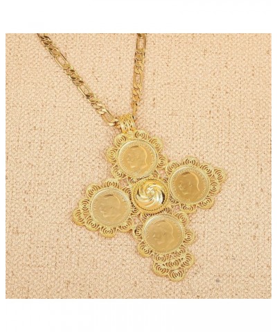 Ethiopian Big Coin Cross Pendant Necklace Women Gold Plated Jewelry Without Stone $8.40 Necklaces