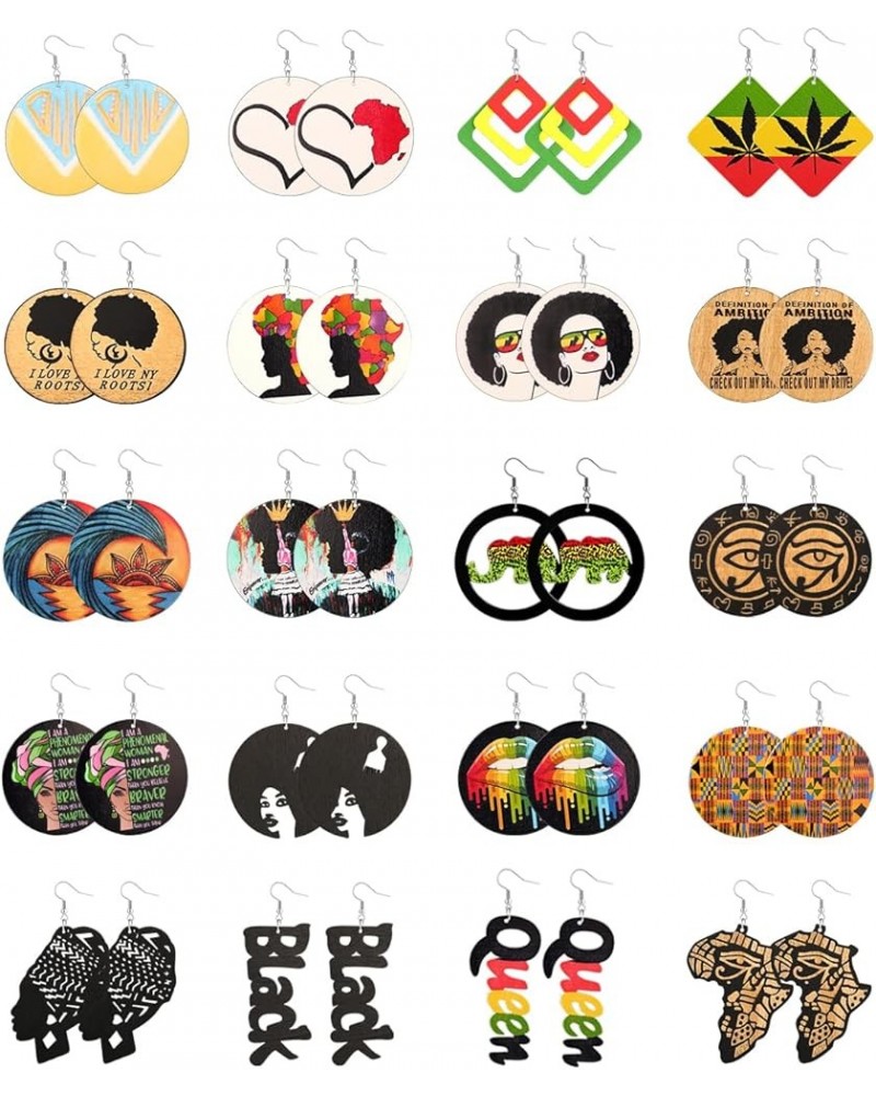 20 Pairs African Earrings for Women Wooden Black Lives Matter Earrings African Map Round Painted Wooden Earrings Statement Et...