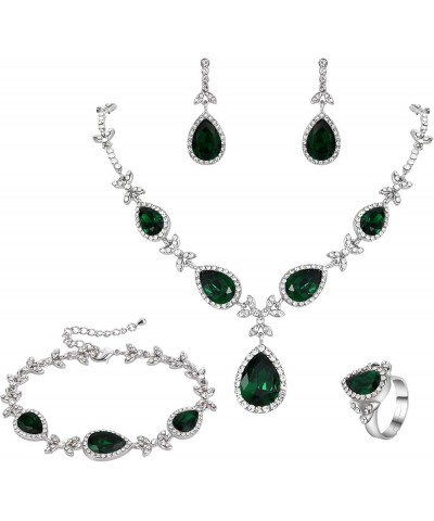 Women's Wedding Bridal Crystal Floral Leaf Teardrop Y-Necklace Bracelet Earrings Ring Set Emerald Color Silver-Tone $17.55 Je...