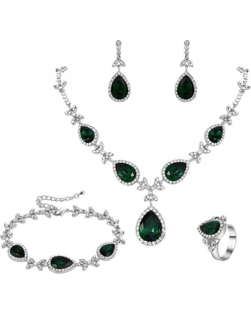 Women's Wedding Bridal Crystal Floral Leaf Teardrop Y-Necklace Bracelet Earrings Ring Set Emerald Color Silver-Tone $17.55 Je...