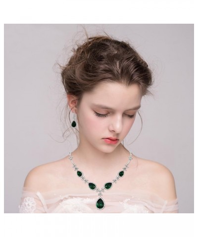 Women's Wedding Bridal Crystal Floral Leaf Teardrop Y-Necklace Bracelet Earrings Ring Set Emerald Color Silver-Tone $17.55 Je...