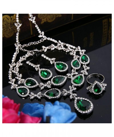 Women's Wedding Bridal Crystal Floral Leaf Teardrop Y-Necklace Bracelet Earrings Ring Set Emerald Color Silver-Tone $17.55 Je...