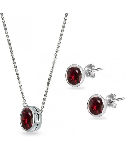 Sterling Silver Genuine or Synthetic Bezel-set Gemstone 7mm Round Small Necklace & Stud Earrings Set Created Ruby $16.40 Jewe...