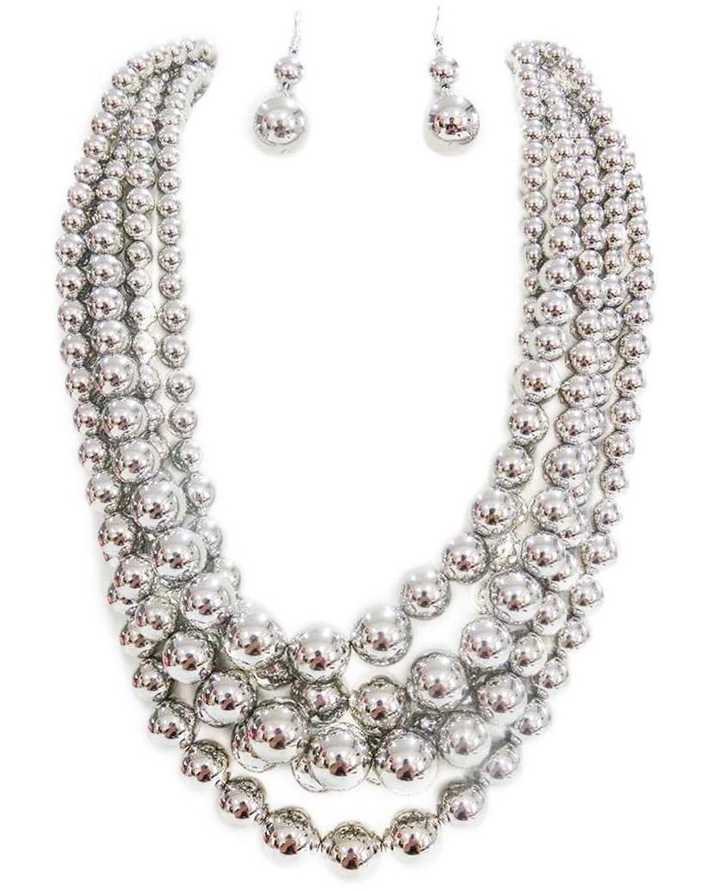 Women's 5 Colorful Multi Strands Simulated Pearl Bib Necklace And Earrings Jewelry Set, 16"+3" Extender Polished Silver $17.8...