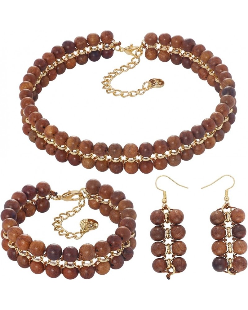 Beads Layer Statement Necklace Choker Bracelet Earrings Vintage Jewelry Set for Women Girls Wood Set $8.84 Necklaces