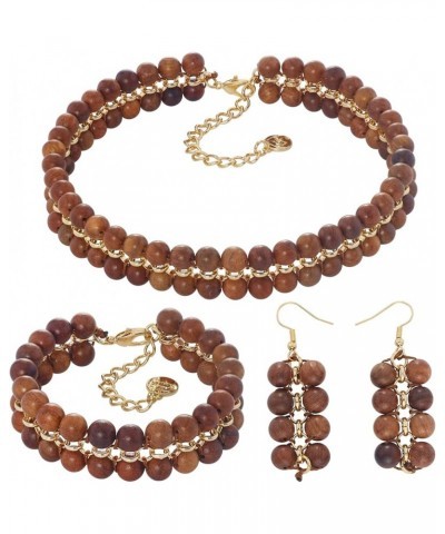 Beads Layer Statement Necklace Choker Bracelet Earrings Vintage Jewelry Set for Women Girls Wood Set $8.84 Necklaces