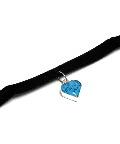 Mini Heart Shaped Crushed Chip Stone Inlay Acrylic Silver Metal Dangle Black Velvet Ribbon Strap Choker Necklace - Womens Fas...