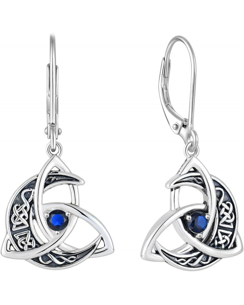 Trinity Celtic Knot Moon Leverback Earrings for Womens, 925 Sterling Silver Dangle Drop Round Gemstone Earrings, Irish Celtic...