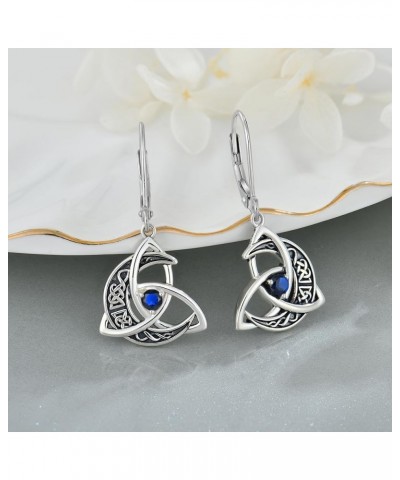 Trinity Celtic Knot Moon Leverback Earrings for Womens, 925 Sterling Silver Dangle Drop Round Gemstone Earrings, Irish Celtic...