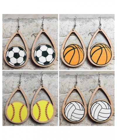 Wooden Football Basketball Volleyball Teardrop Dangle Drop Earrings For Women Girls Handmade Hollow Natural Wood Tennis Ball ...