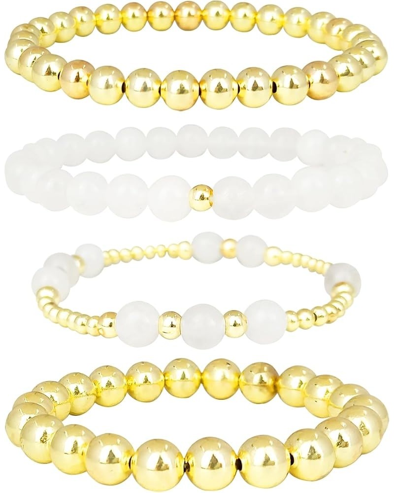 Gold Beaded Bracelets for Women Girls Natural Stone Stackable 14K Gold Plated 4-5PCS Bead Ball Stretch Bracelet Set Minimalis...