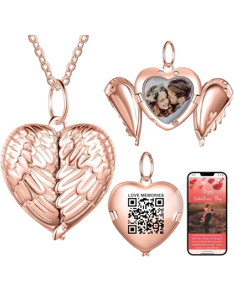 Personalized Locket Necklace for Women Men Heart Silver Pendant That Hold Picture & Engraved QR Code Enable Custom Photo Albu...