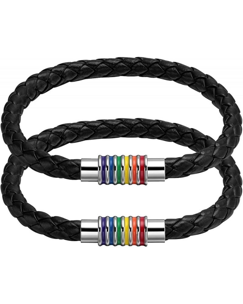 Titanium Stainless Steel Rainbow LGBT Pride Bracelet Handmade Braided LGBTQ Pride Bracelets PU Leather Weave Plaited Wristban...