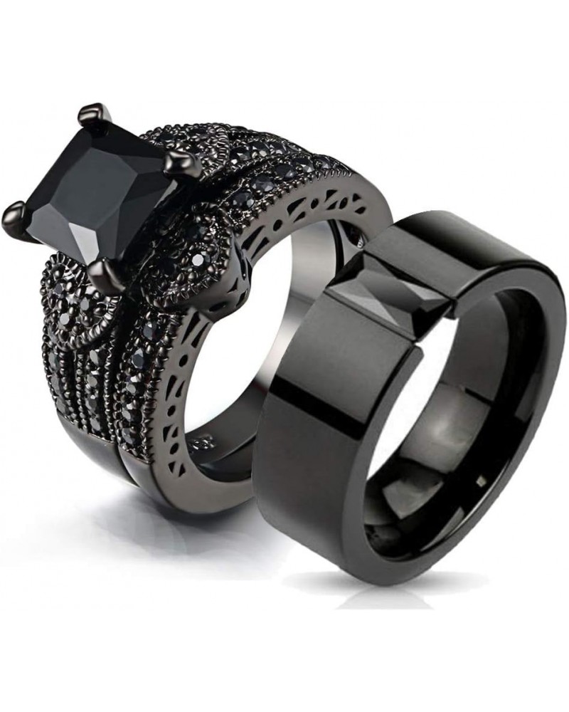 Couple Ring Bridal Sets His And Hers Women Black Gold Filled Square CZ Men Titanium Band Wedding Ring Band Set women's size 8...