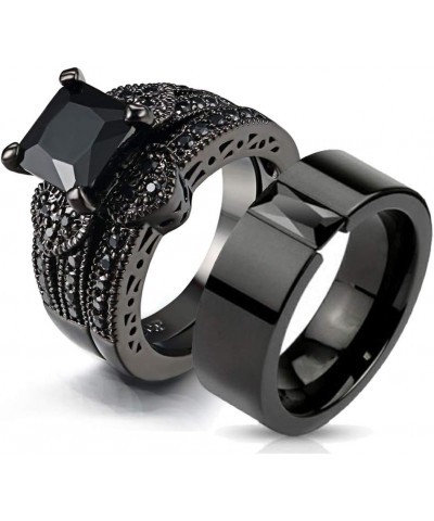 Couple Ring Bridal Sets His And Hers Women Black Gold Filled Square CZ Men Titanium Band Wedding Ring Band Set women's size 8...