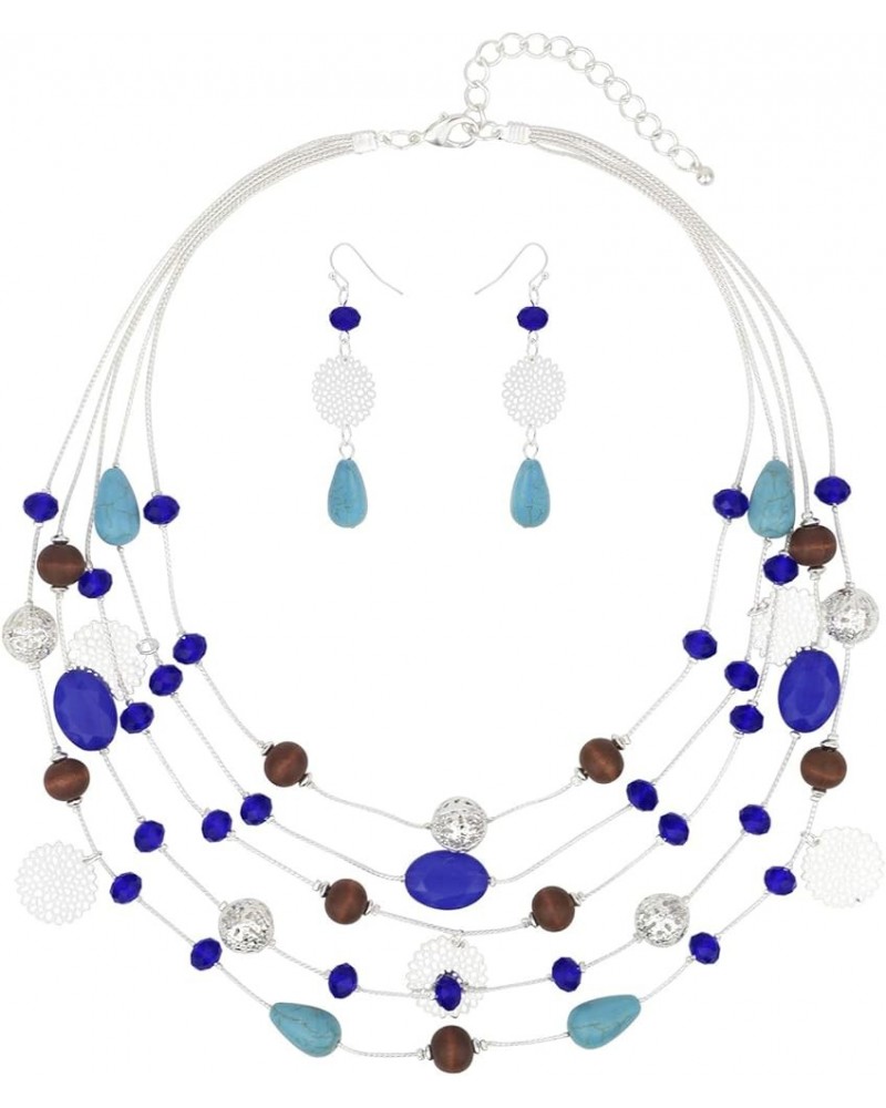 5Layer Multi Color Beaded Illusion Wire Collar Statement Necklace with Earrings for Women N0026-Royal blue+Green $11.39 Jewel...