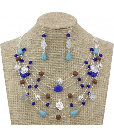 5Layer Multi Color Beaded Illusion Wire Collar Statement Necklace with Earrings for Women N0026-Royal blue+Green $11.39 Jewel...