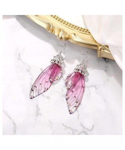 Butterfly Wing Hook Earrings Elegant Crystal Insect Dragonfly Drop Dangle Earrings for Women Girls Jewelry Pink Silver-Tone $...