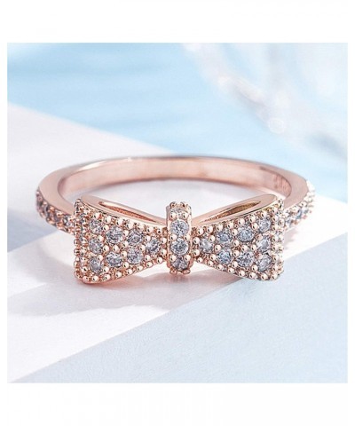 14k Rose Gold Women's Bow Ring Cubic Zirconia Fashion Necktie Ring Shiny All Diamond Stackable Love Ring Wedding Promise Roma...