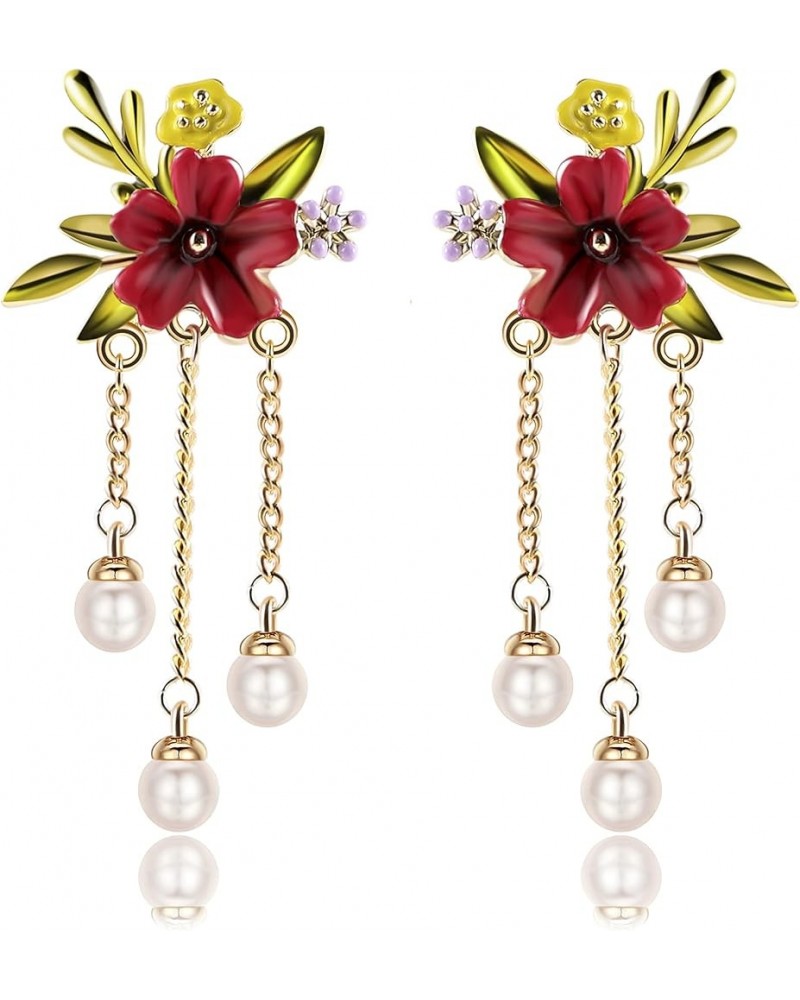 Dainty Flower Enamel Dangle Earrings - Florals Leaves Gold Chain Drop Earring for Women Girls, Hypoallergenic, Rose Red $8.73...