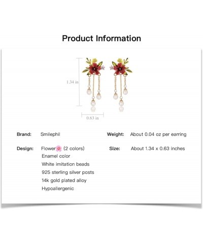 Dainty Flower Enamel Dangle Earrings - Florals Leaves Gold Chain Drop Earring for Women Girls, Hypoallergenic, Rose Red $8.73...