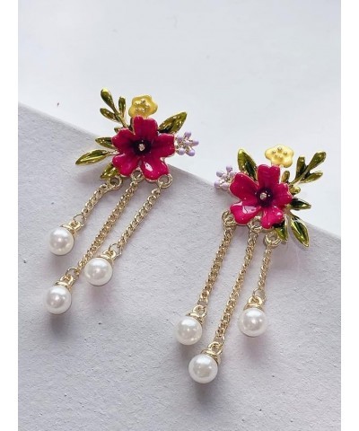 Dainty Flower Enamel Dangle Earrings - Florals Leaves Gold Chain Drop Earring for Women Girls, Hypoallergenic, Rose Red $8.73...