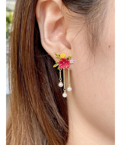 Dainty Flower Enamel Dangle Earrings - Florals Leaves Gold Chain Drop Earring for Women Girls, Hypoallergenic, Rose Red $8.73...