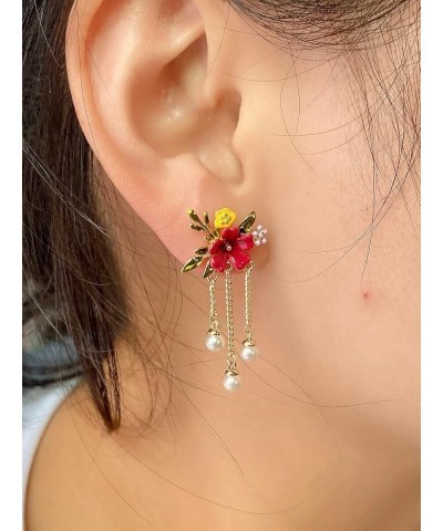 Dainty Flower Enamel Dangle Earrings - Florals Leaves Gold Chain Drop Earring for Women Girls, Hypoallergenic, Rose Red $8.73...