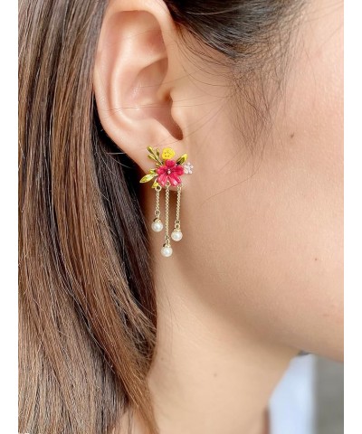 Dainty Flower Enamel Dangle Earrings - Florals Leaves Gold Chain Drop Earring for Women Girls, Hypoallergenic, Rose Red $8.73...