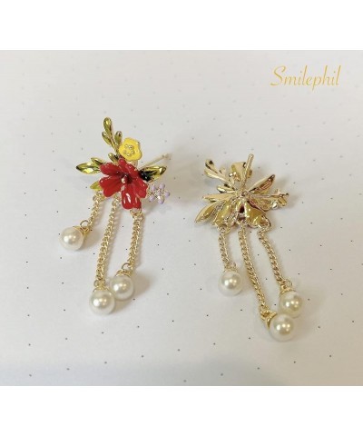 Dainty Flower Enamel Dangle Earrings - Florals Leaves Gold Chain Drop Earring for Women Girls, Hypoallergenic, Rose Red $8.73...