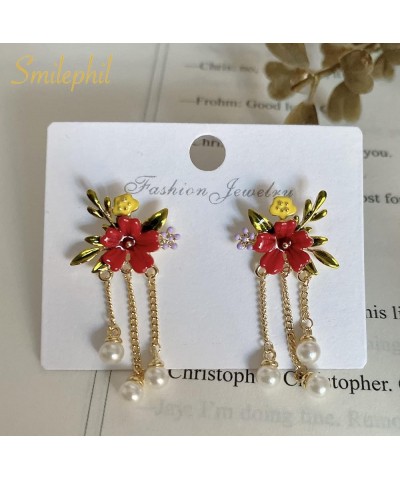 Dainty Flower Enamel Dangle Earrings - Florals Leaves Gold Chain Drop Earring for Women Girls, Hypoallergenic, Rose Red $8.73...