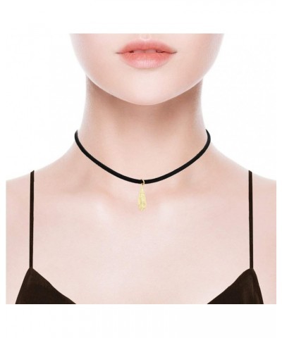 Black Suede Leather Cord Choker Gold Geometric Pendant Choker Necklace for Women Teen Textured Leaf_Black $11.39 Necklaces