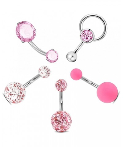 5pcs 14G Stainless Steel Belly Button Rings Navel Rings CZ Curved Barbell Piercing Belly Rings for Women Pink $8.15 Body Jewelry